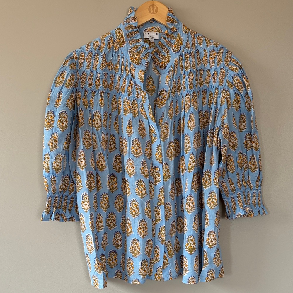 Saule Parc Nelle Top Block Print Smocked Cotton Blue Large